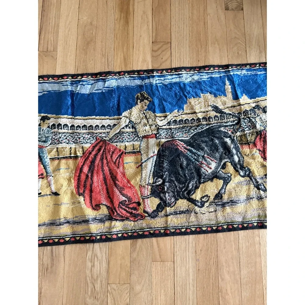 Vintage Spanish Bullfighting Tapestry Matador Woven Wall Hanging Blue Gold Red